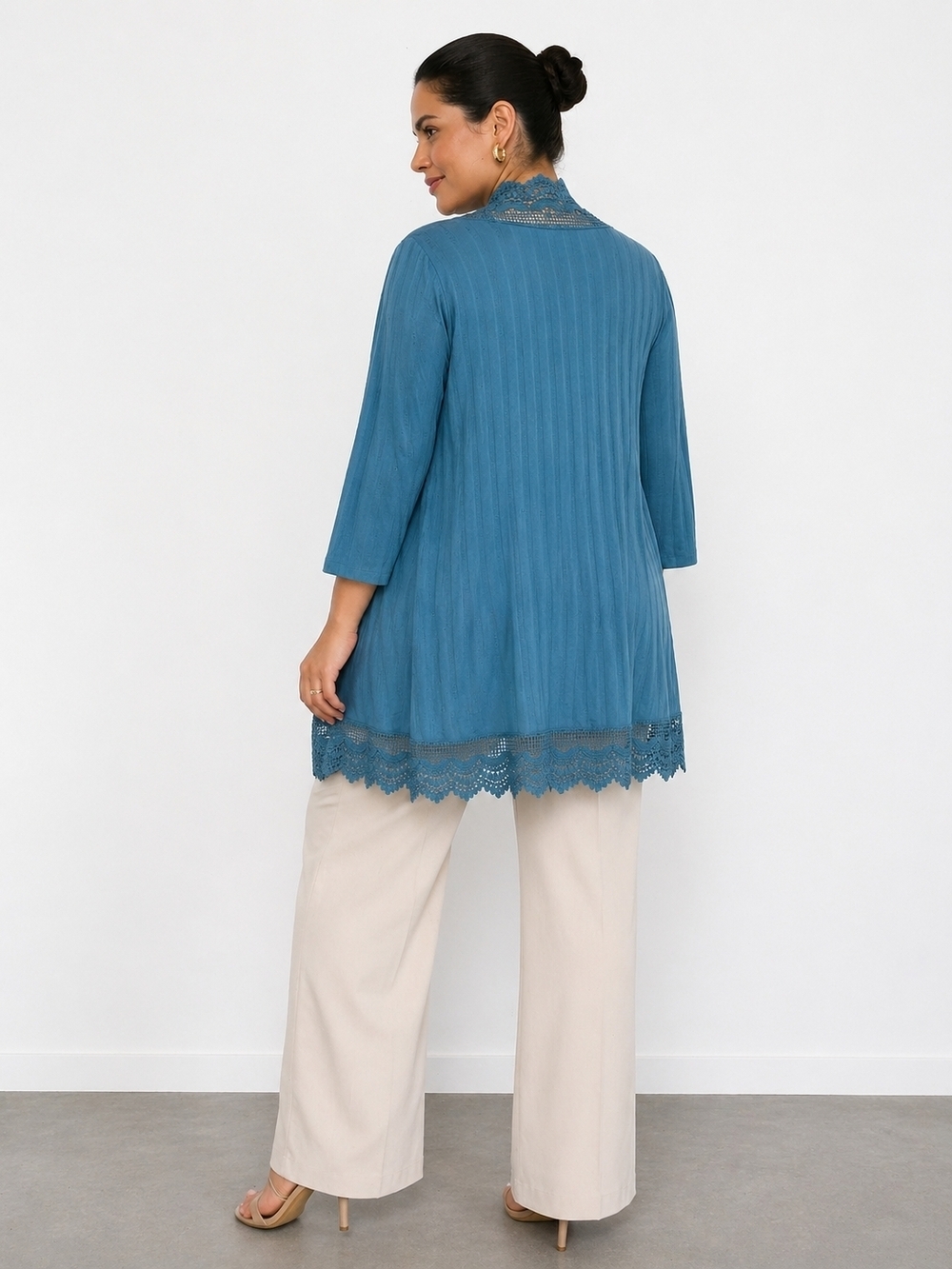 Roaman’s Teal Blue Lace Trim Open Front Cardigan Top Size L. - Picture 3 of 7